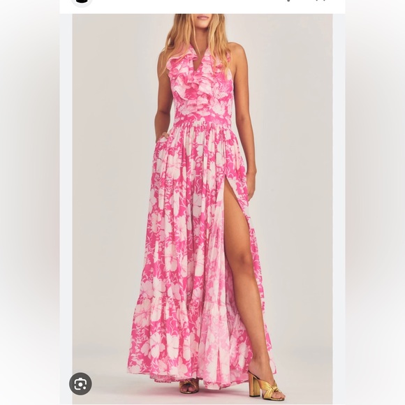 Mariah Floral Print Starfish Brooch Inverted Halter Neck Slit Ruffles Maxi Dress
